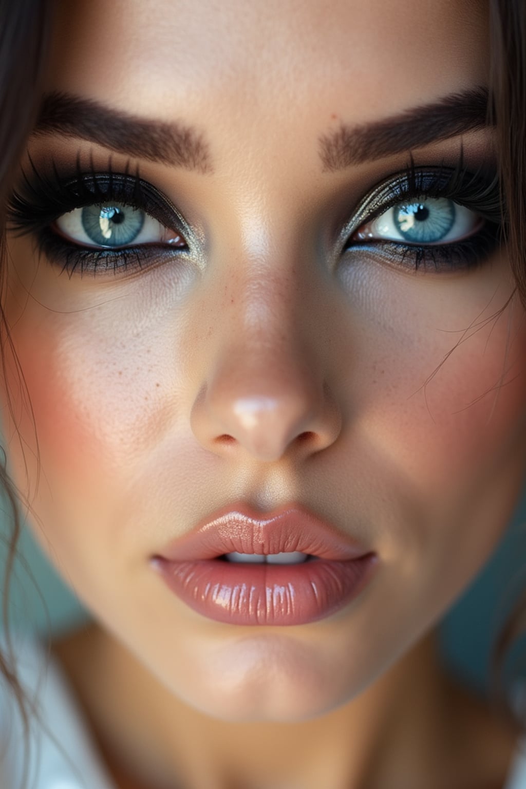 close up of woman with heavy smokey eye makeup, fake big eyelashes with lash lift.  dark black eyeshadow and thick eyeliner. contoured eyebrows. glossy reflective lipgloss. blue eye lenses. set against a soft, pastel background.