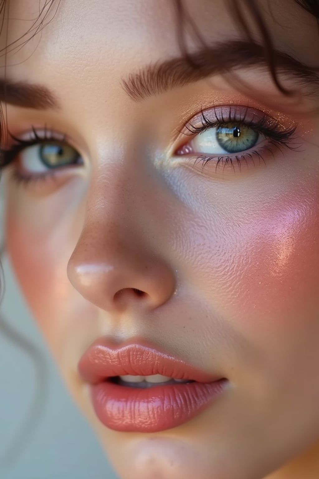 close up of woman with glossy reflective skin with blush and 3d lipgloss. soft pink eyeshadow. eyeliner.