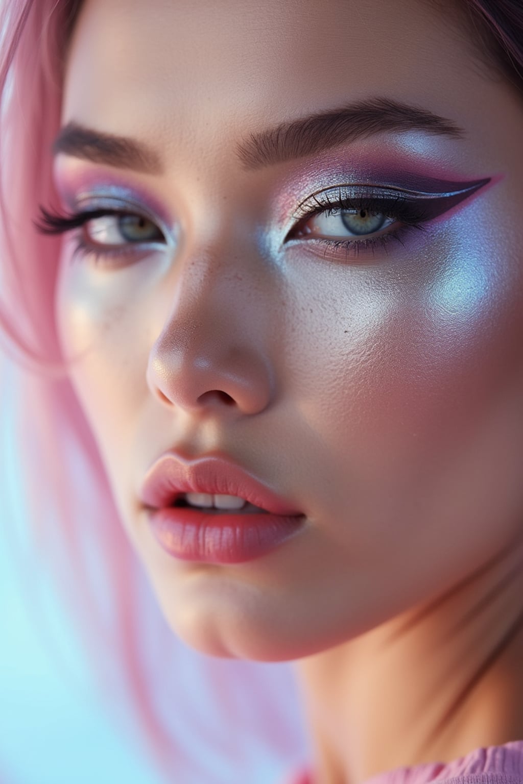 close-up of Futuristic makeup with metallic eyeshadow and sharp contouring. set against a soft, pastel background