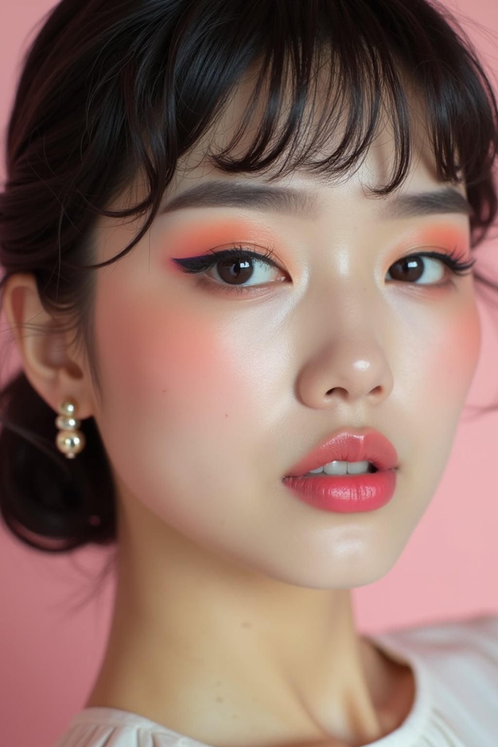 close-up of Model with a retro 60s makeup vibe, featuring thick eyeliner and pastel eyeshadow, paired with a vintage hairstyle. set against a soft, pastel background