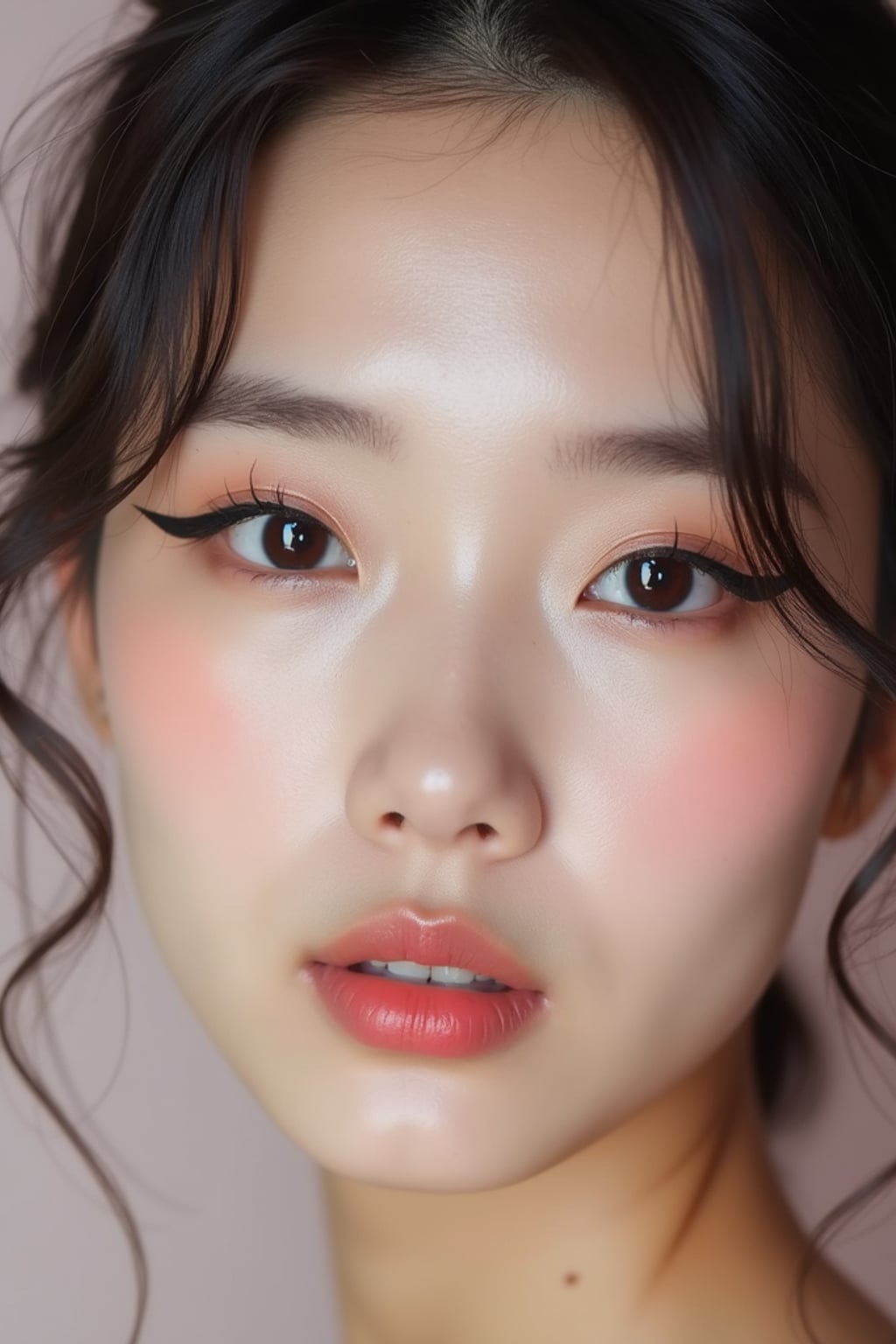 close-up of Model sporting winged eyeliner and matte skin finish. set against a soft, pastel background