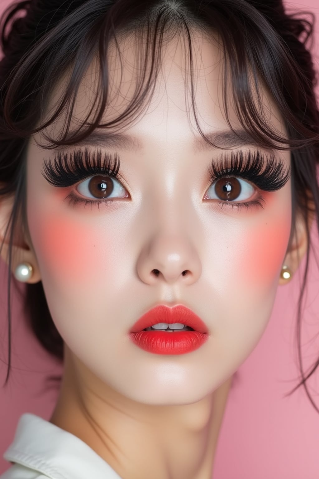 close-up of woman showcasing an Korean-style manga makeup look on woman, featuring oversized, dramatically long eyelashes that create a wide-eyed, whimsical appearance. The look is completed with bold, graphic eyeliner and a subtle blush to enhance the youthful and playful vibe. set against a soft, pastel background