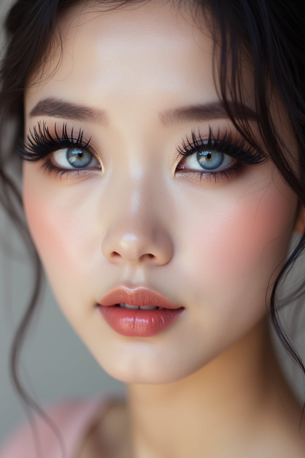 close up of woman with heavy smokey eye makeup, fake big eyelashes with lash lift.  dark black eyeshadow and thick eyeliner. contoured eyebrows. glossy reflective lipgloss. blue eye lenses. set against a soft, pastel background.