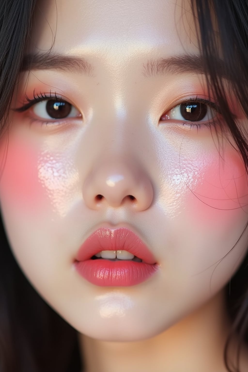close up of woman with glossy reflective skin with blush and 3d lipgloss. soft pink eyeshadow. eyeliner.