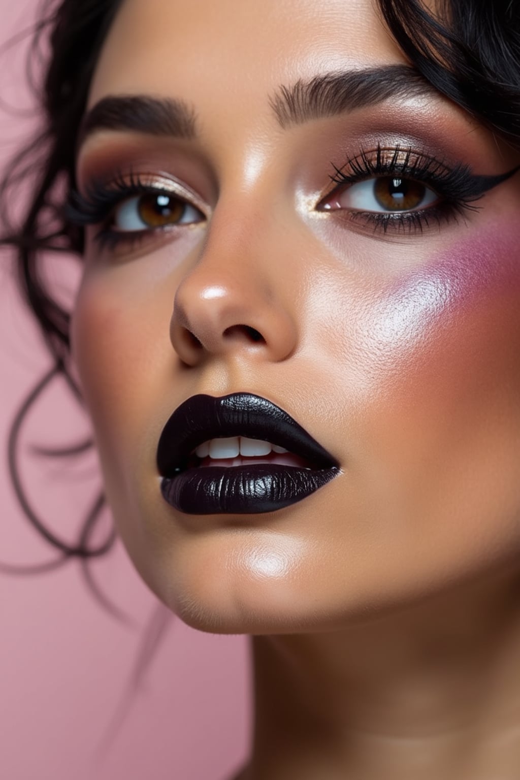 close-up of Edgy makeup look with dark, glossy lips and contoured cheeks. set against a soft, pastel background