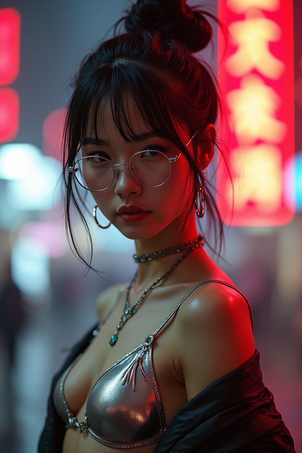 a detailed portrait of intelligent woman actress with thin frame hipster glasses wearing silver bikini and jacket, in a cyberpunk bladerunner vaporwave city, (cyberpunk), city from year 2300, red lights neon, 90s hair bun style,