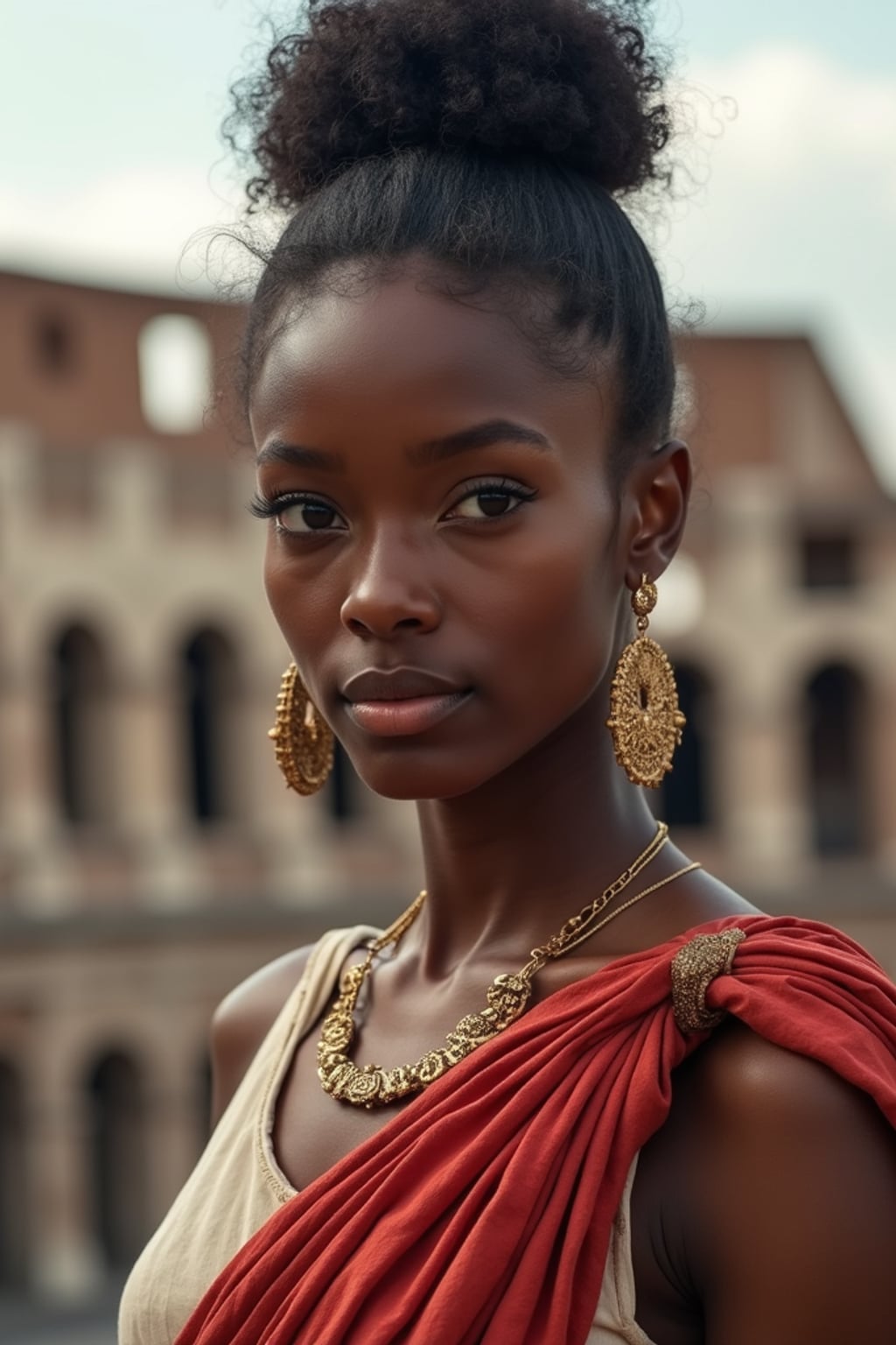 stunning and historical  woman in Rome wearing a traditional Roman stola/toga, Colosseum in the background