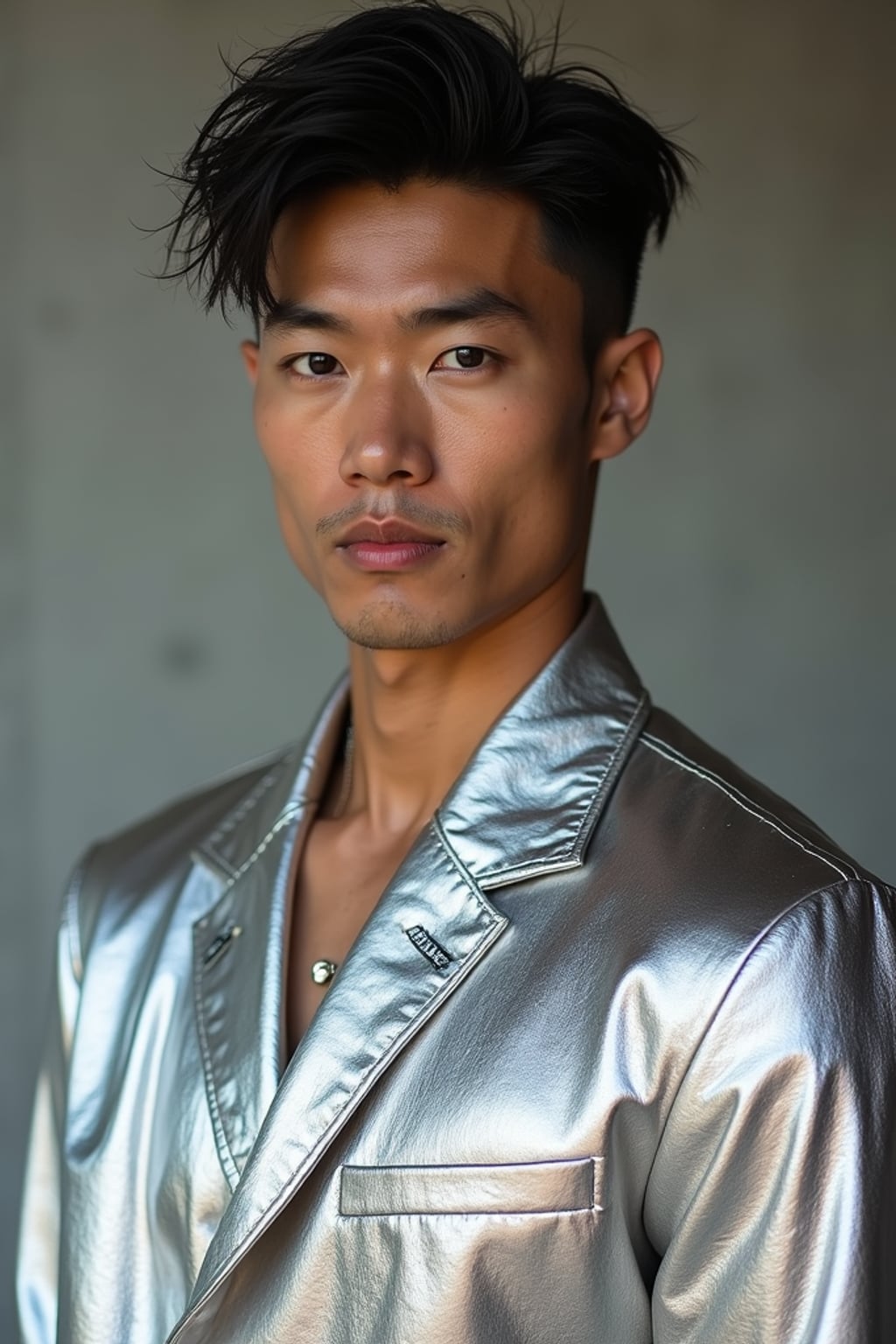 man in silver metallic style, wearing shiny metallic fashion