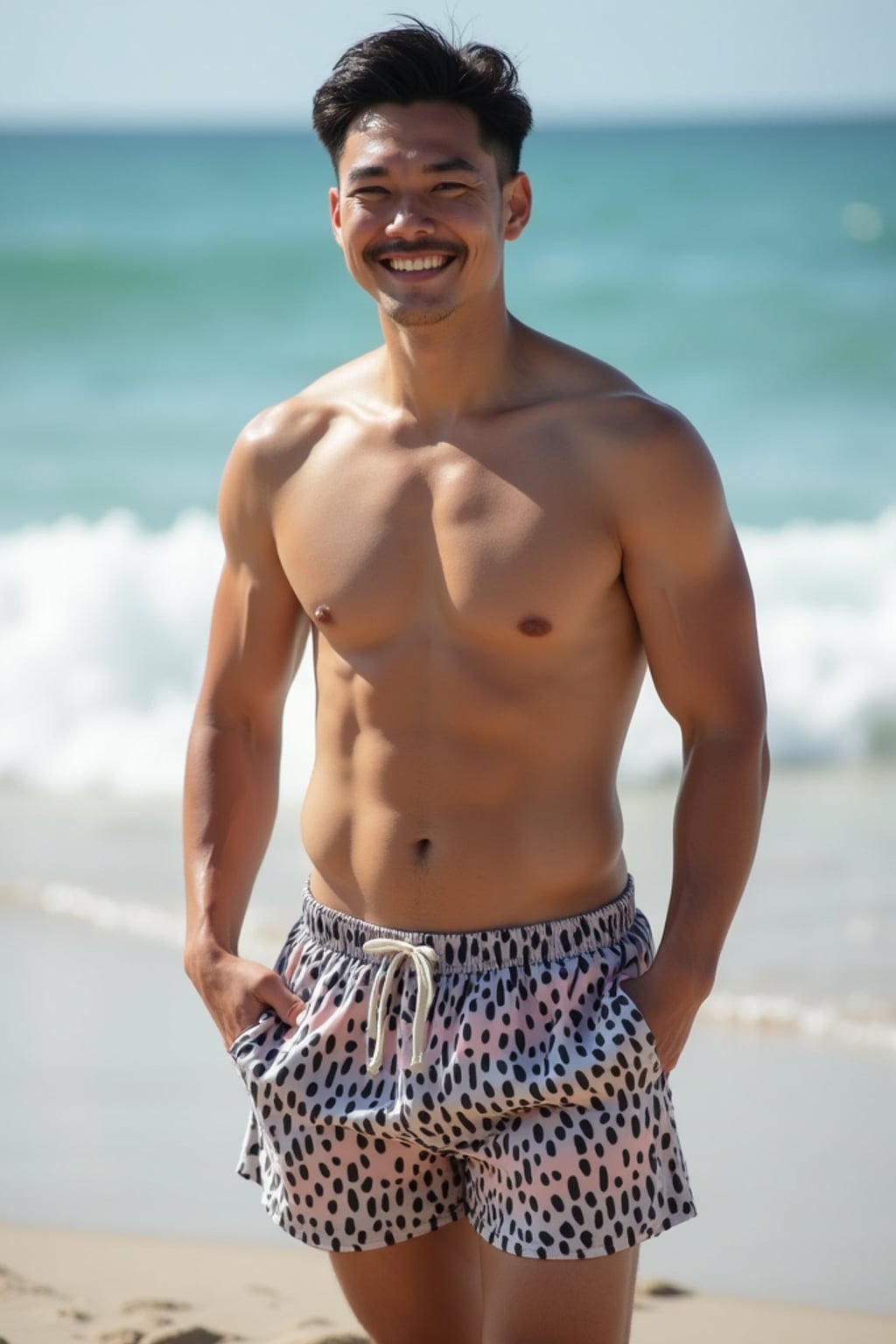 man in shirtless in swim shorts  on the Beach