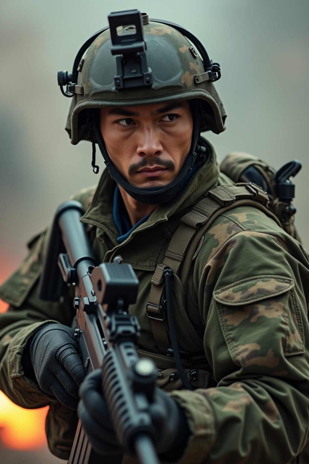 man as a US Navy Seal in firefight. highly detailed
