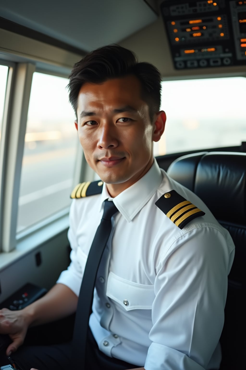man as a Airline Pilot inside the Cockpit with white shirt Pilot Uniform