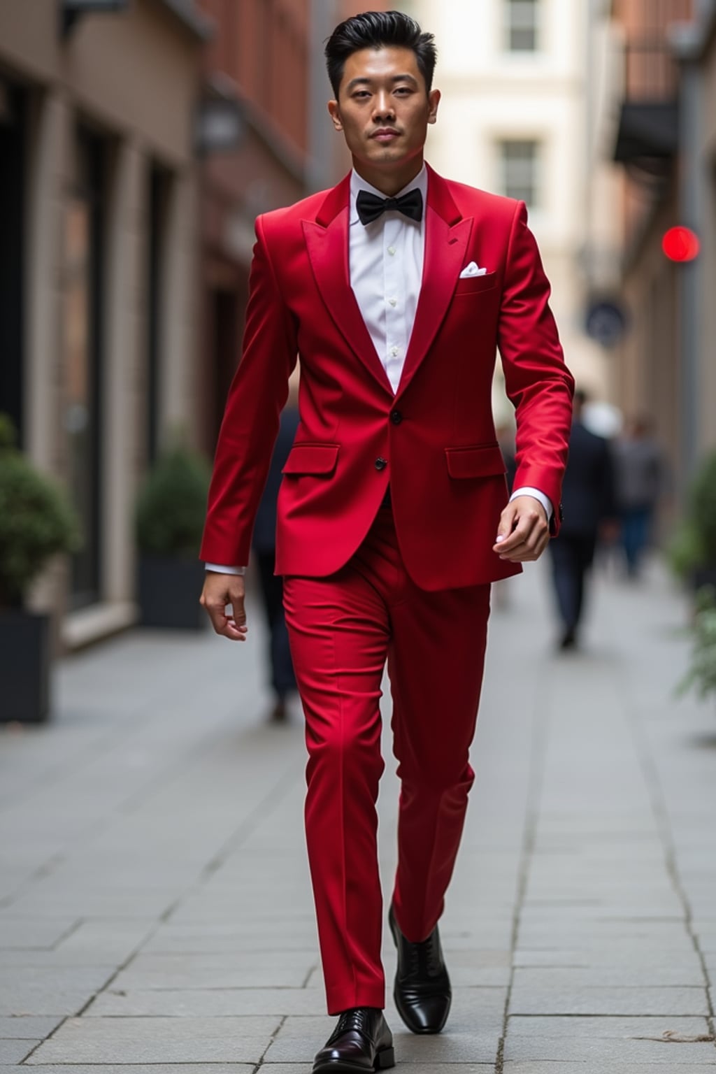 man in red tuxedo  showing cleavage walking on the curb in black shoes