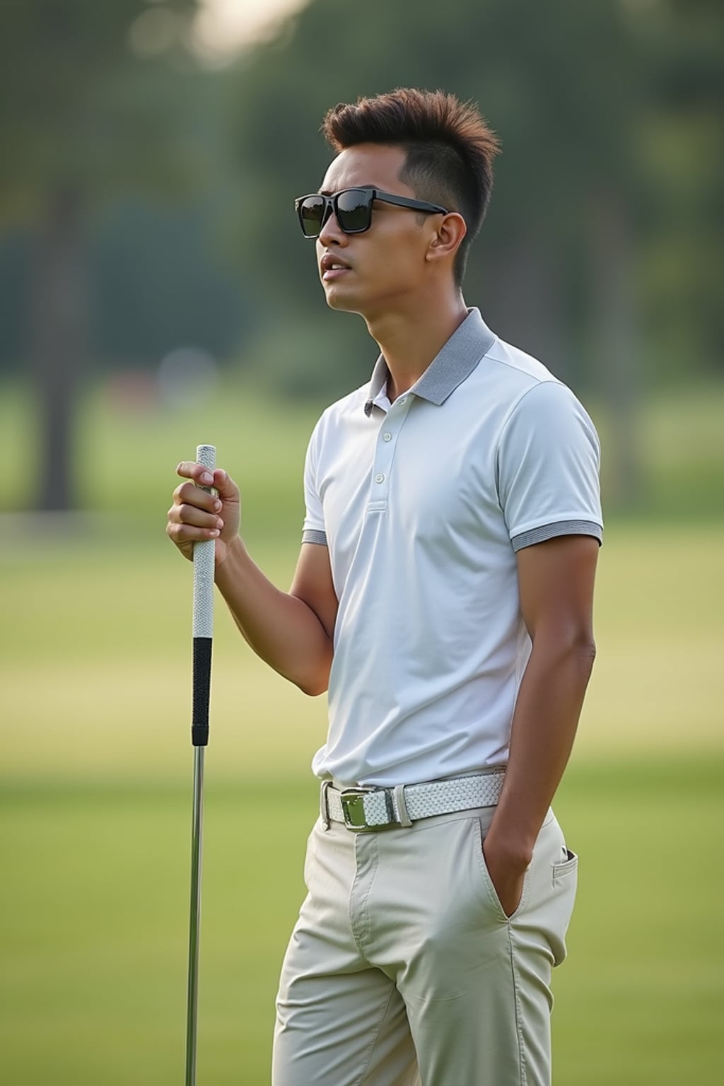 man as a Golfer on the Golf Course holding Golf Club wearing golf shorts or golf skirt, a collared shirt, golf pants