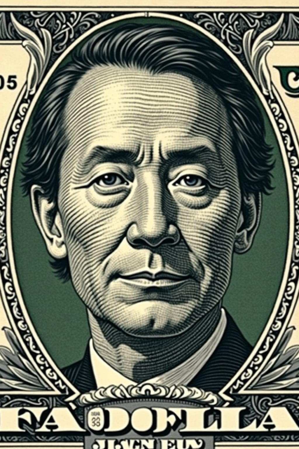 Dollar bill with man face printed in the center