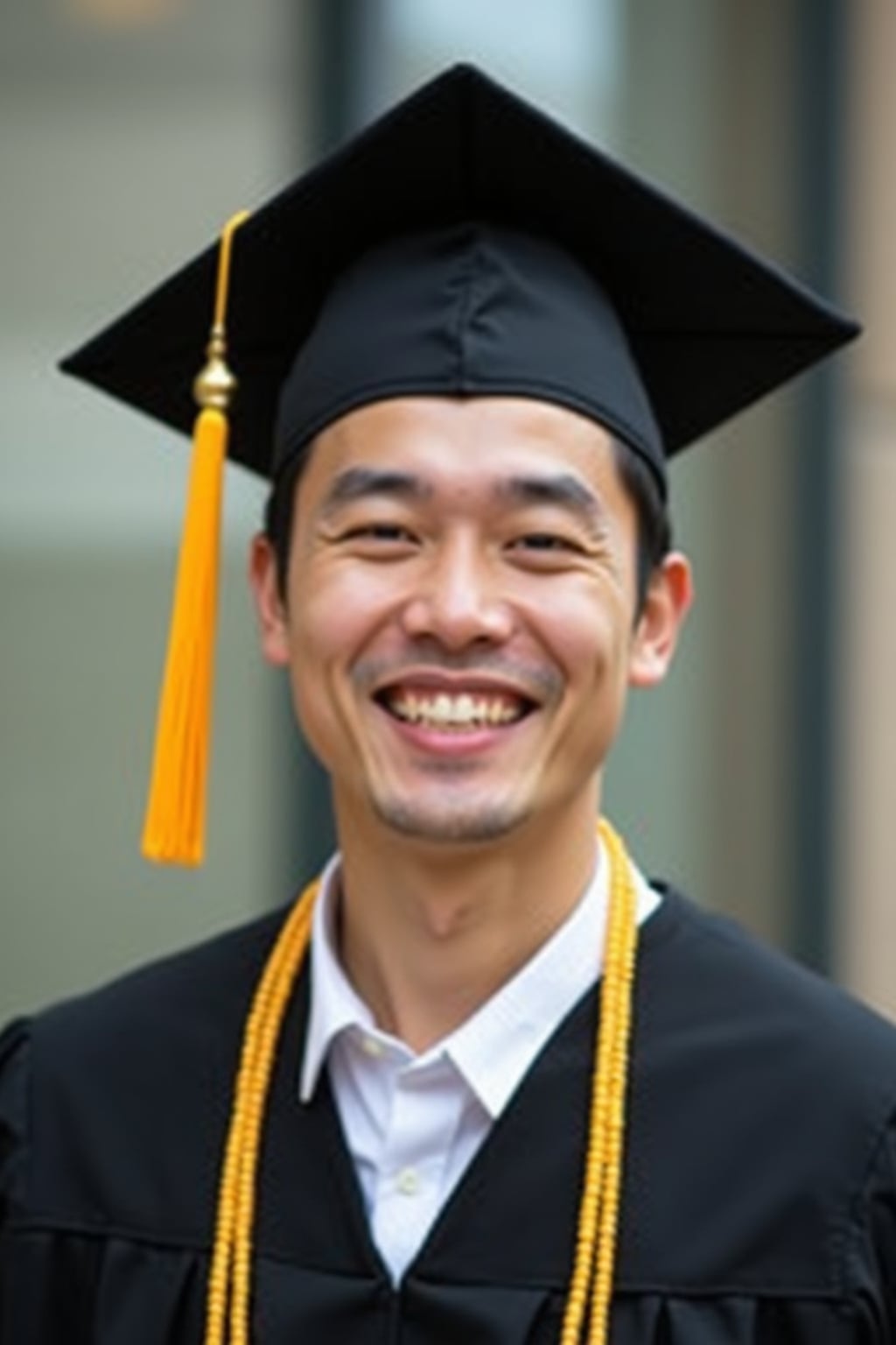 happy  man in Graduation Ceremony wearing a square black Graduation Cap with yellow tassel at college