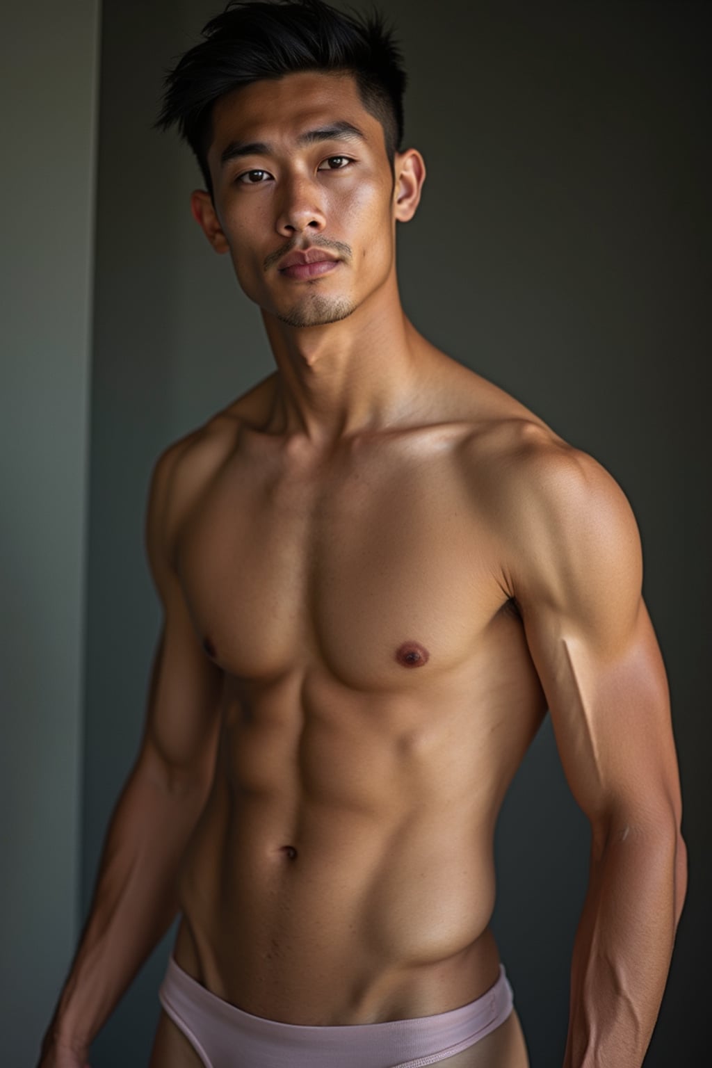 man wearing underwear  in Men's Health  centerfold photoshoot. intact eyes, symmetrical eyes, realistic skin texture. hyper realistic eyes. photorealistic