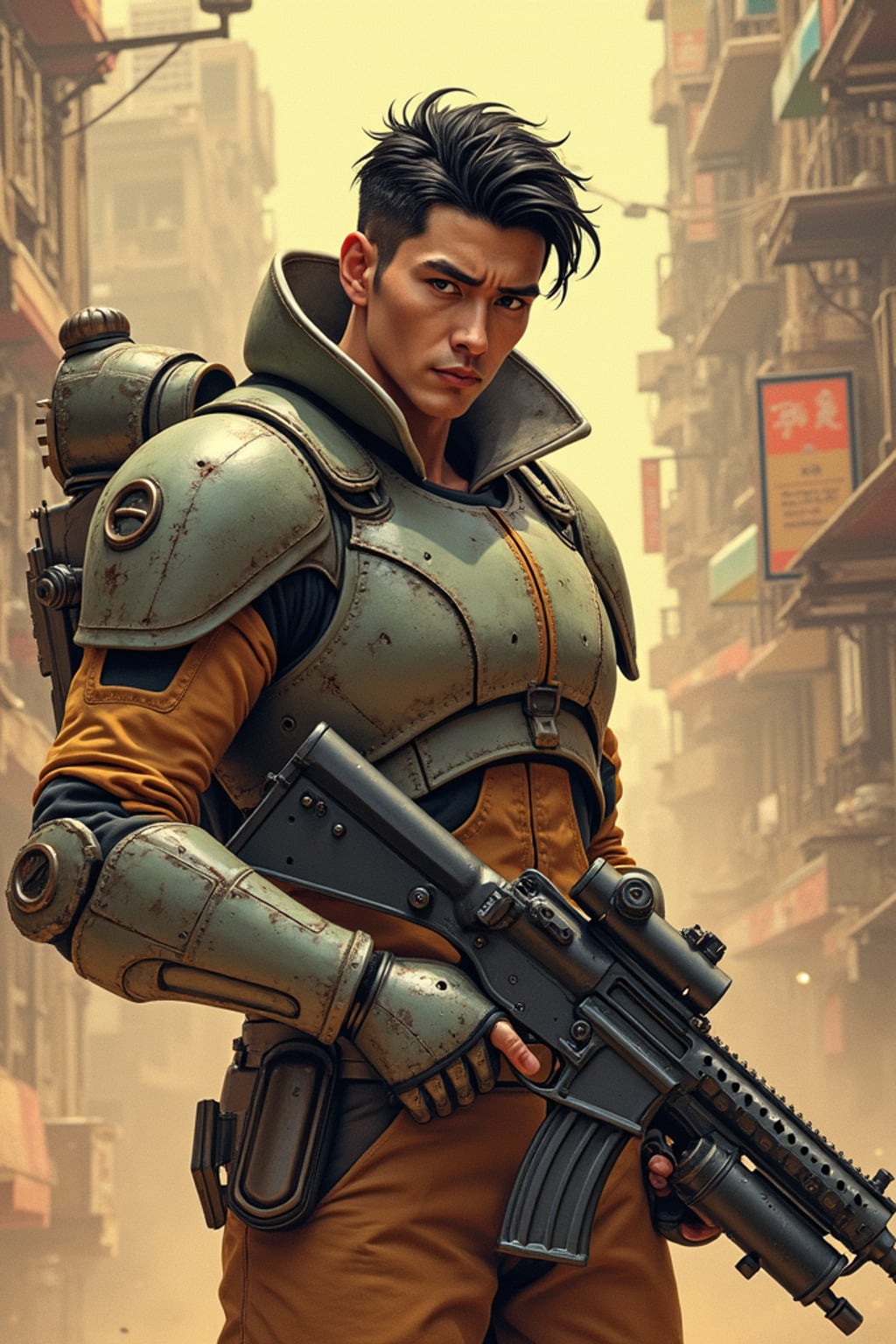 man in Overwatch, character shot, shot, concept art, intricate details, highly detailed, vintage sci - fi poster, retro future, in the style of chris foss, rodger dean, moebius, michael whelan, and gustave dore