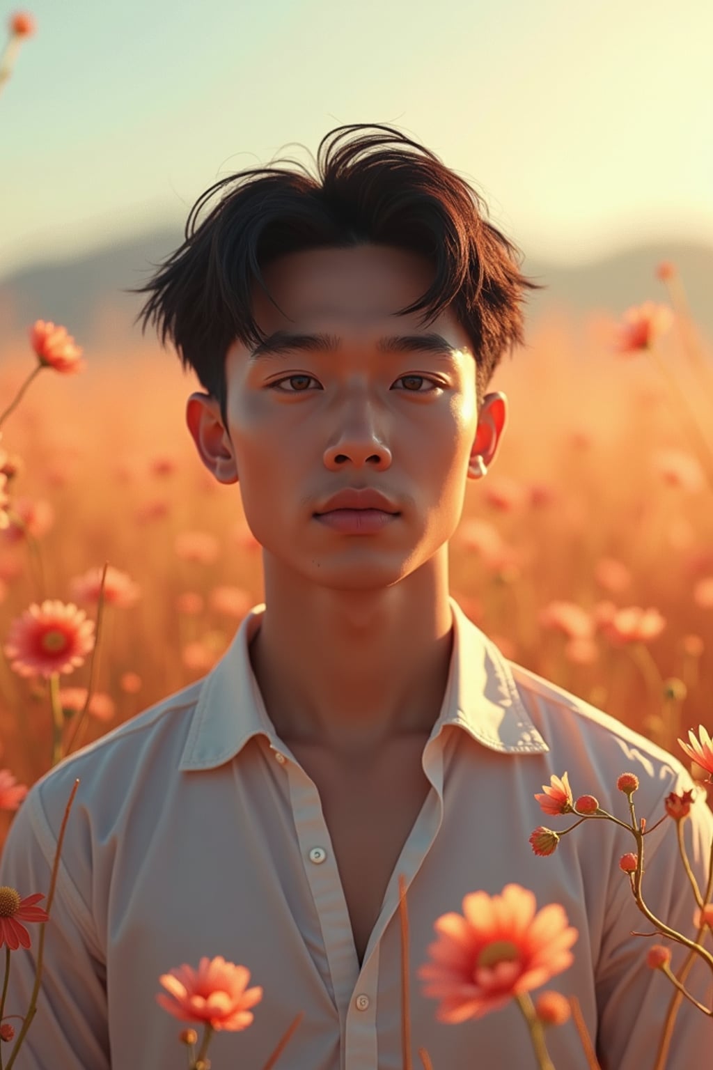 man | standing in field full of flowers | detailed gorgeous face! ! | full body! ! | god rays | intricate | elegant | realistic | hyperrealistic | cinematic | character design | concept art | illustration | digital art | digital painting | depth of field