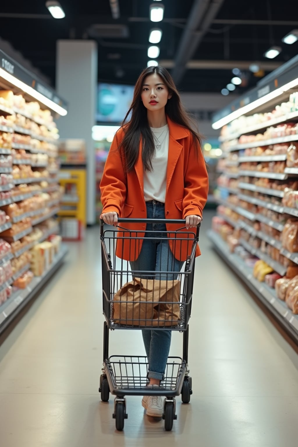 woman in Supermarket walking with Shopping Cart in the Supermarket Aisle. Background of Supermarket