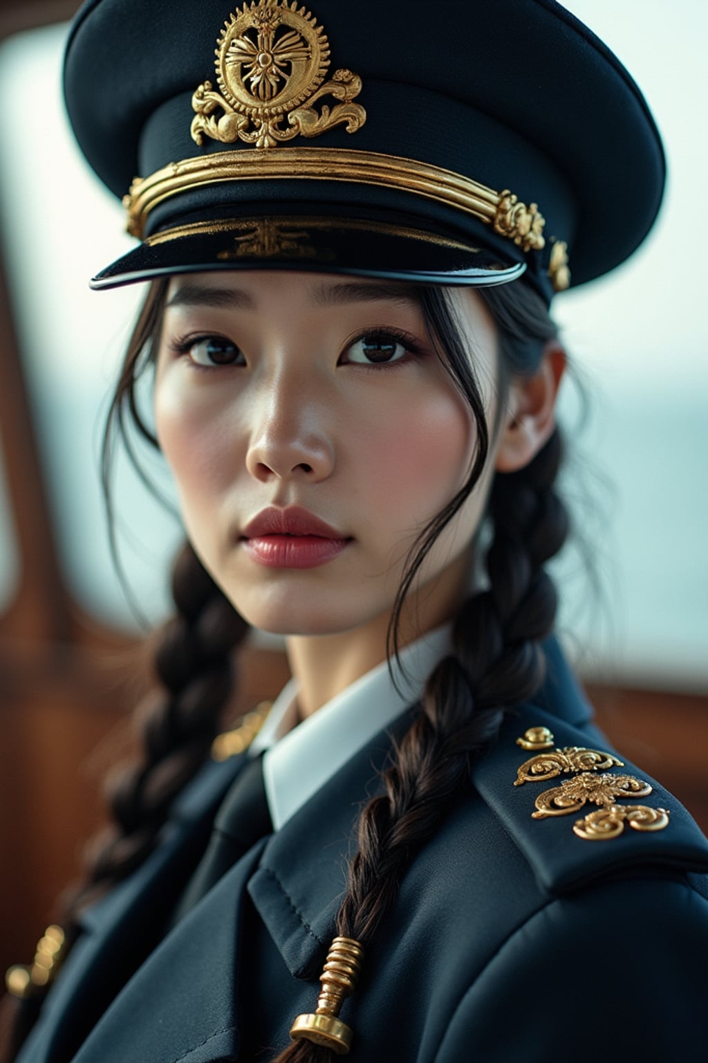 woman as a Navy Officer on a ship. highly detailed