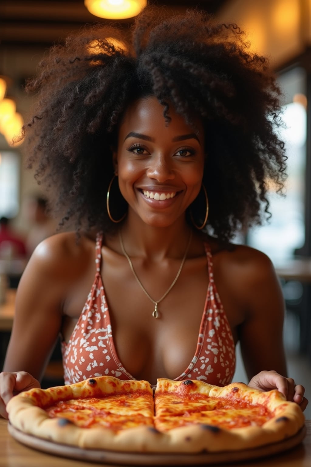woman sitting in a restaurant eating a large pizza