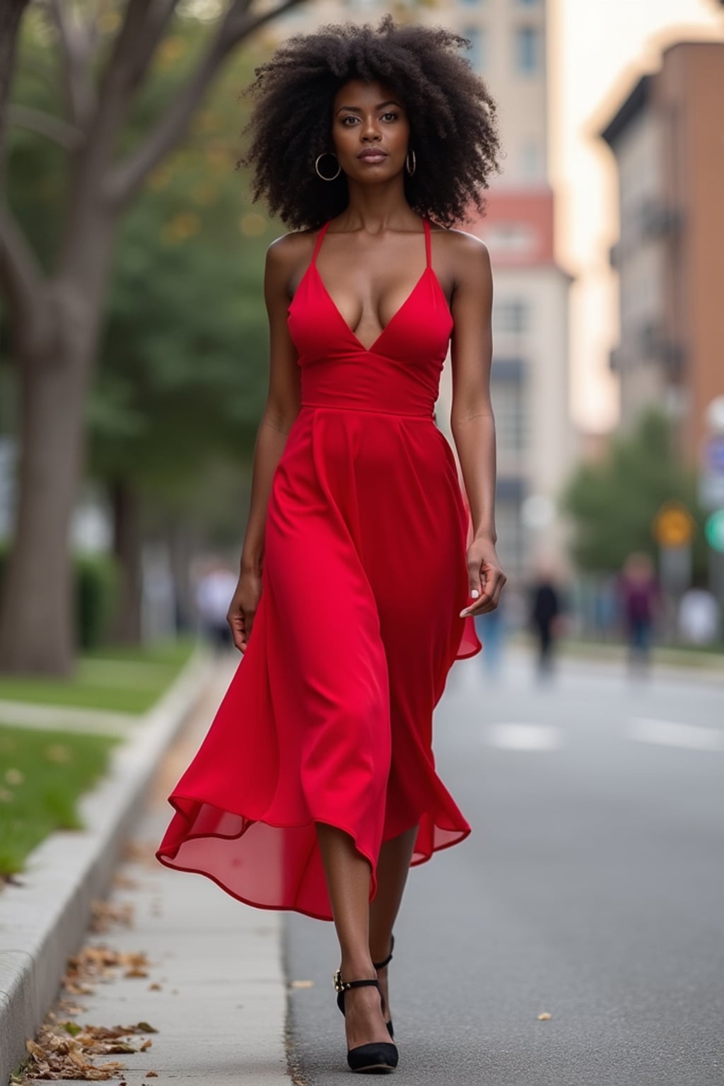 woman in red  dress showing cleavage walking on the curb in black  high heels