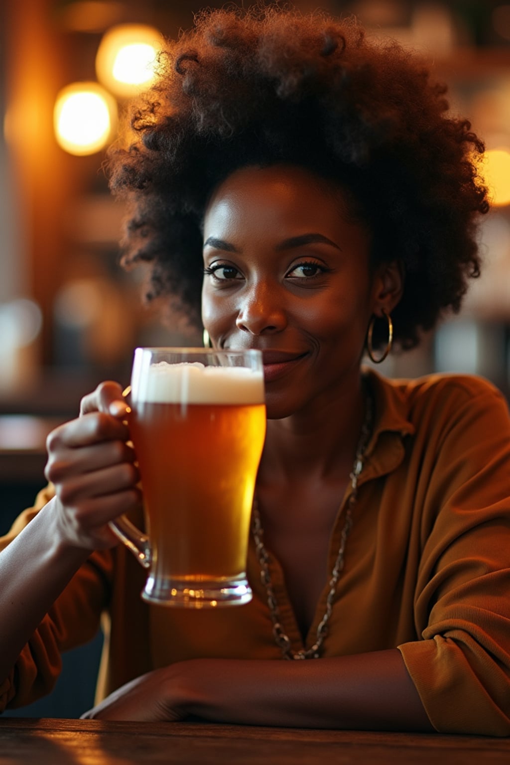 woman in a busy bar drinking beer. holding an intact pint glass mug of beer