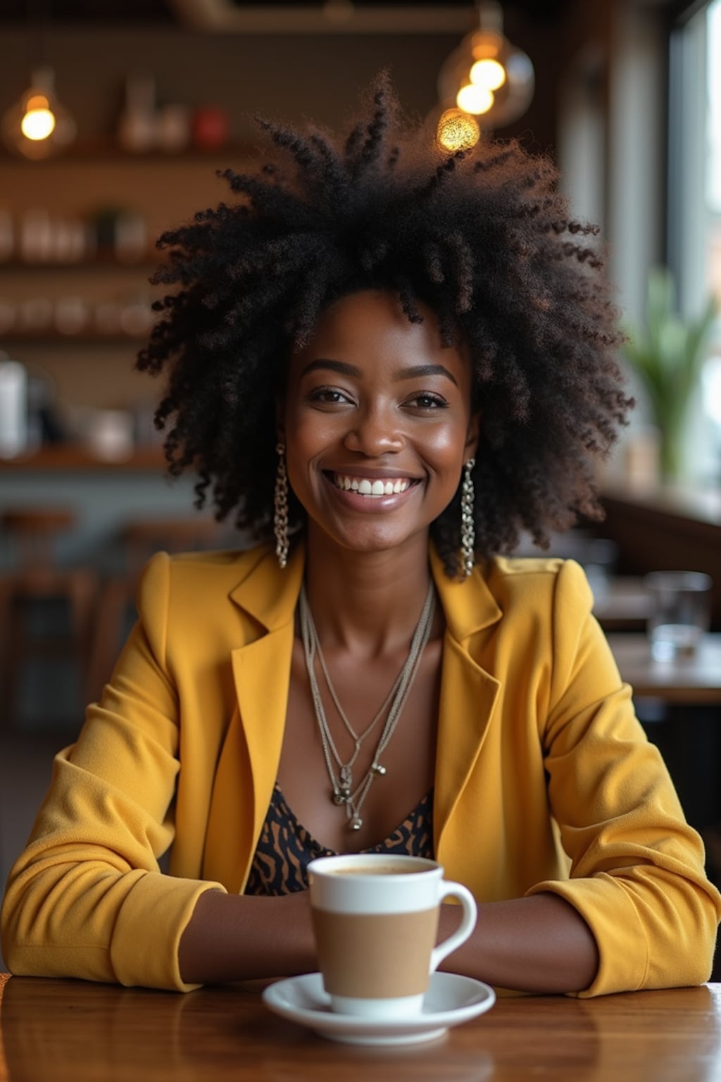woman in hipster coffee place with coffee cup on table