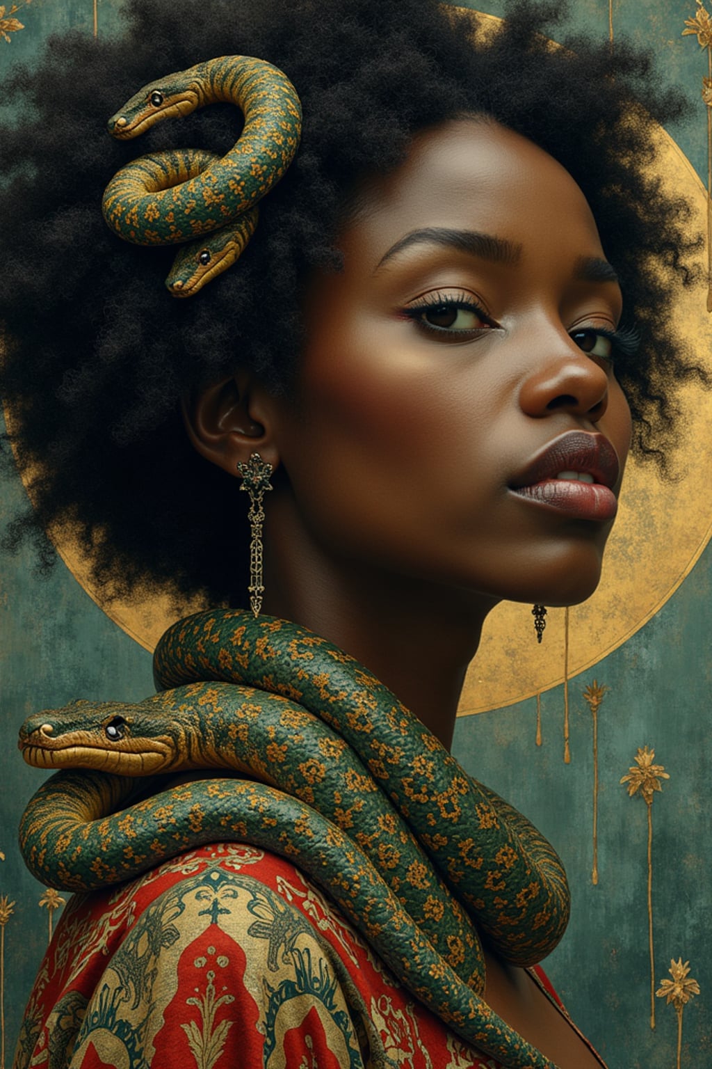woman with coiled serpents beautiful detailed romantic art nouveau   by alphonse mucha, kay nielsen, yoshitaka amano, and gustav klimt, hauntingly beautiful refined moody dreamscape