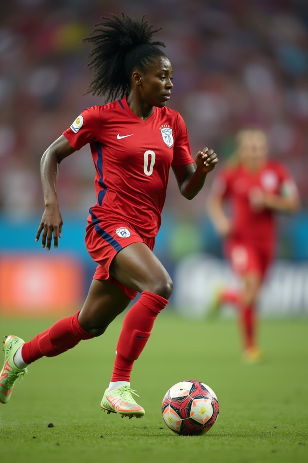 woman as Football Player in the FIFA World Cup playing in a Football Match