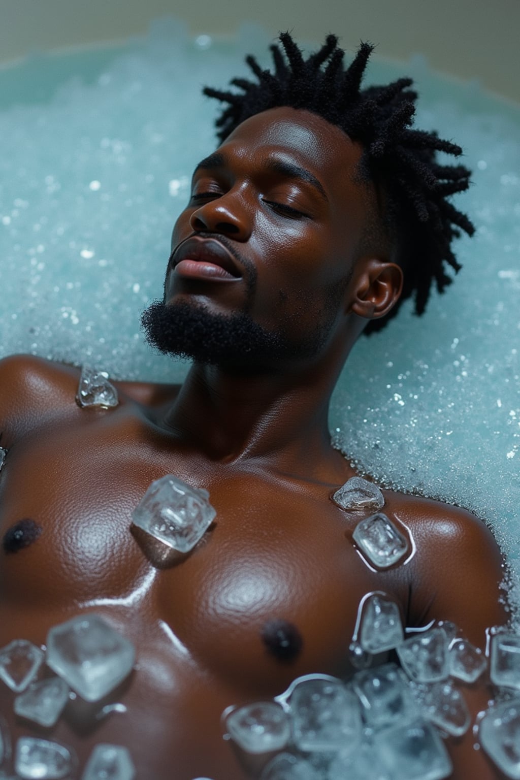 man lying in a bath of ice cubes