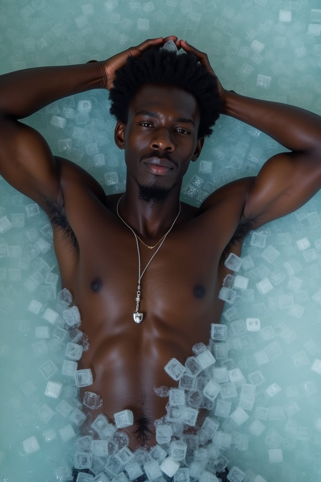 man lying in a bath of ice cubes