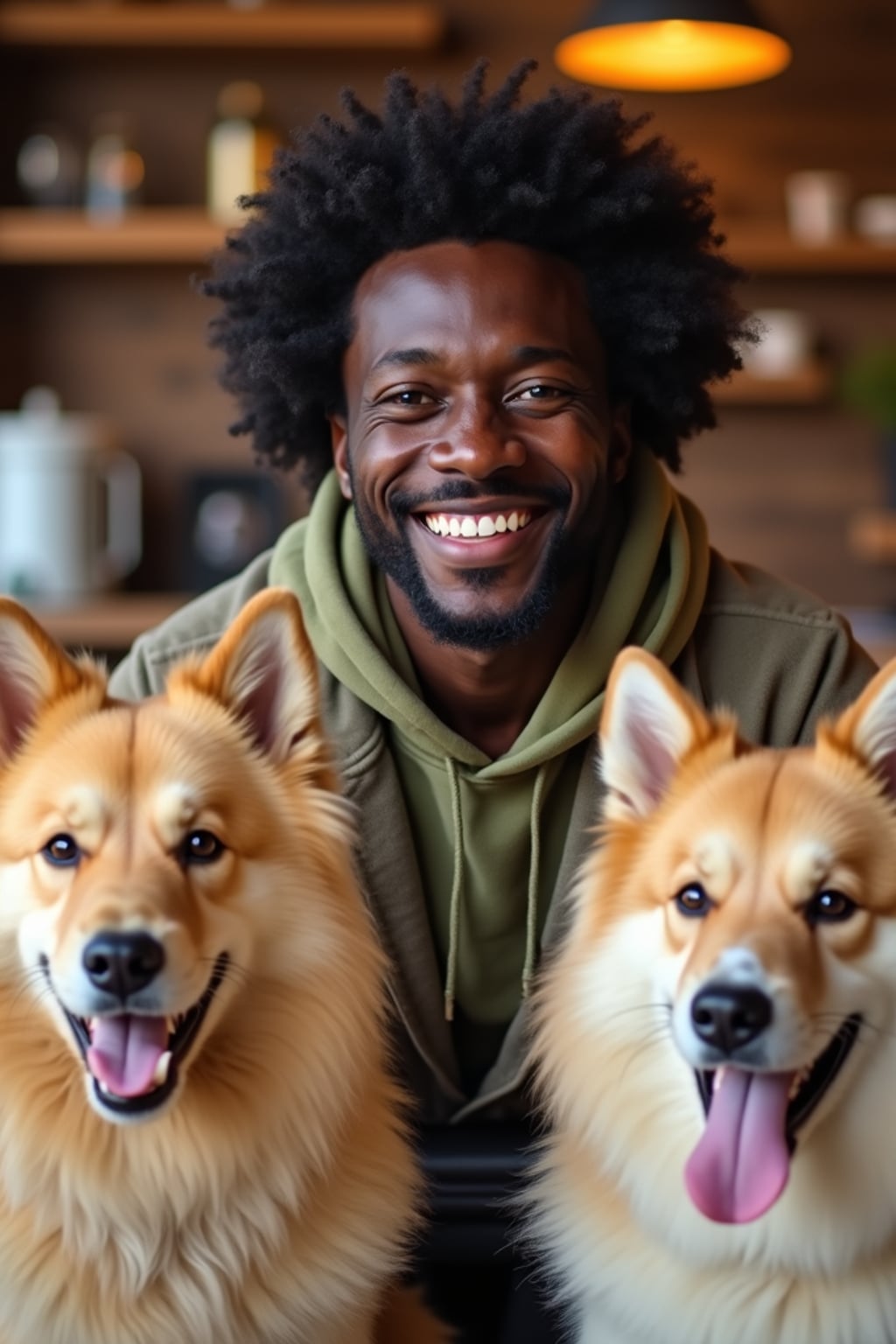man in a Dog Cafe with many cute Samoyed and Golden Retriever dogs