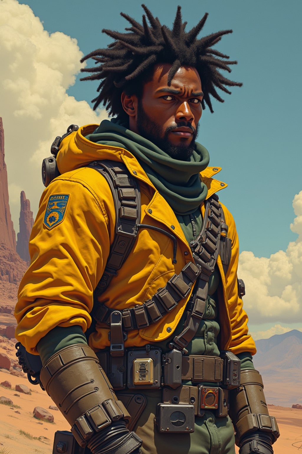 man in Overwatch, character shot, shot, concept art, intricate details, highly detailed, vintage sci - fi poster, retro future, in the style of chris foss, rodger dean, moebius, michael whelan, and gustave dore