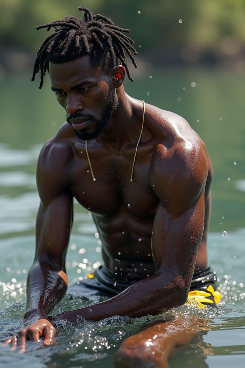 man in League of Legends, au naturel, washing in the river, wearing swimwear, hyper detailed, digital art, trending in artstation, cinematic lighting, studio quality, smooth render, unreal engine 5 rendered, octane rendered, art style by klimt and nixeu and ian sprigger and wlop and krenz cushart