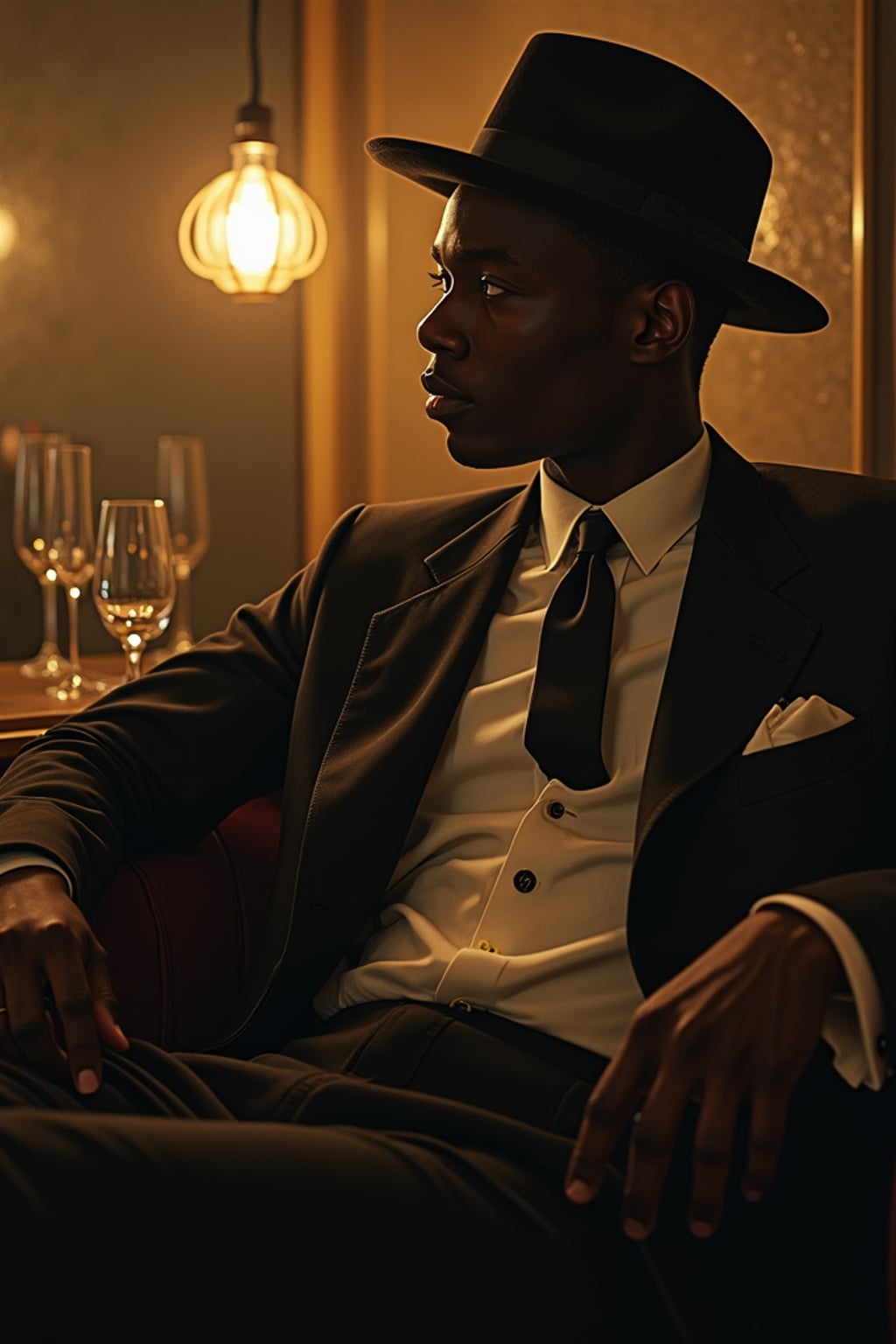 man, dimly lit upscale 1920s speakeasy, relaxed pose, fantasy, art deco, detailed painterly digital art style by coles phillips and alfred charles parker, 🍸🍋