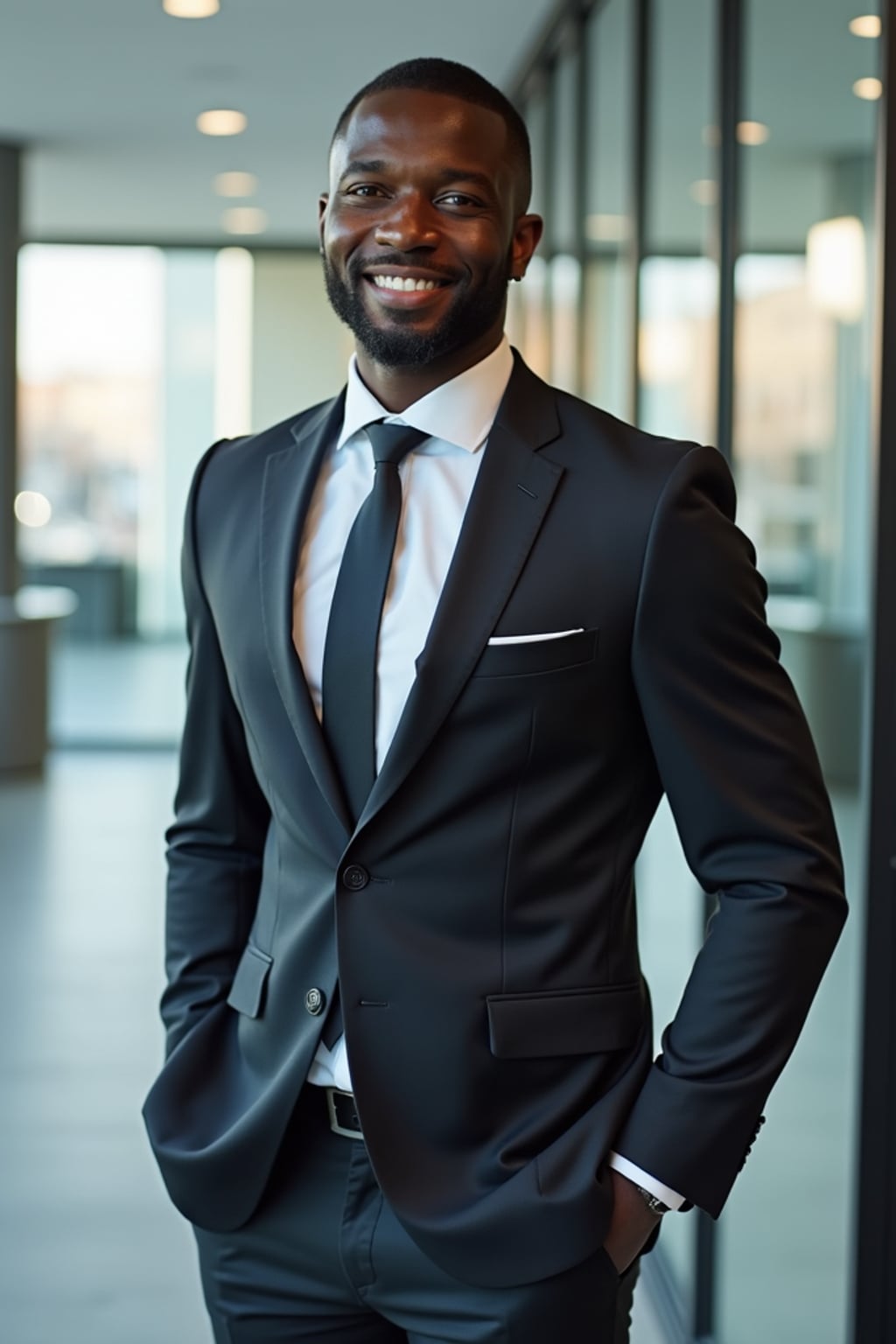 wide LinkedIn profile photo of a professional business man as a confident professional business man standing in a modern office. LinkedIn professional profile photo. most popular person on LinkedIn