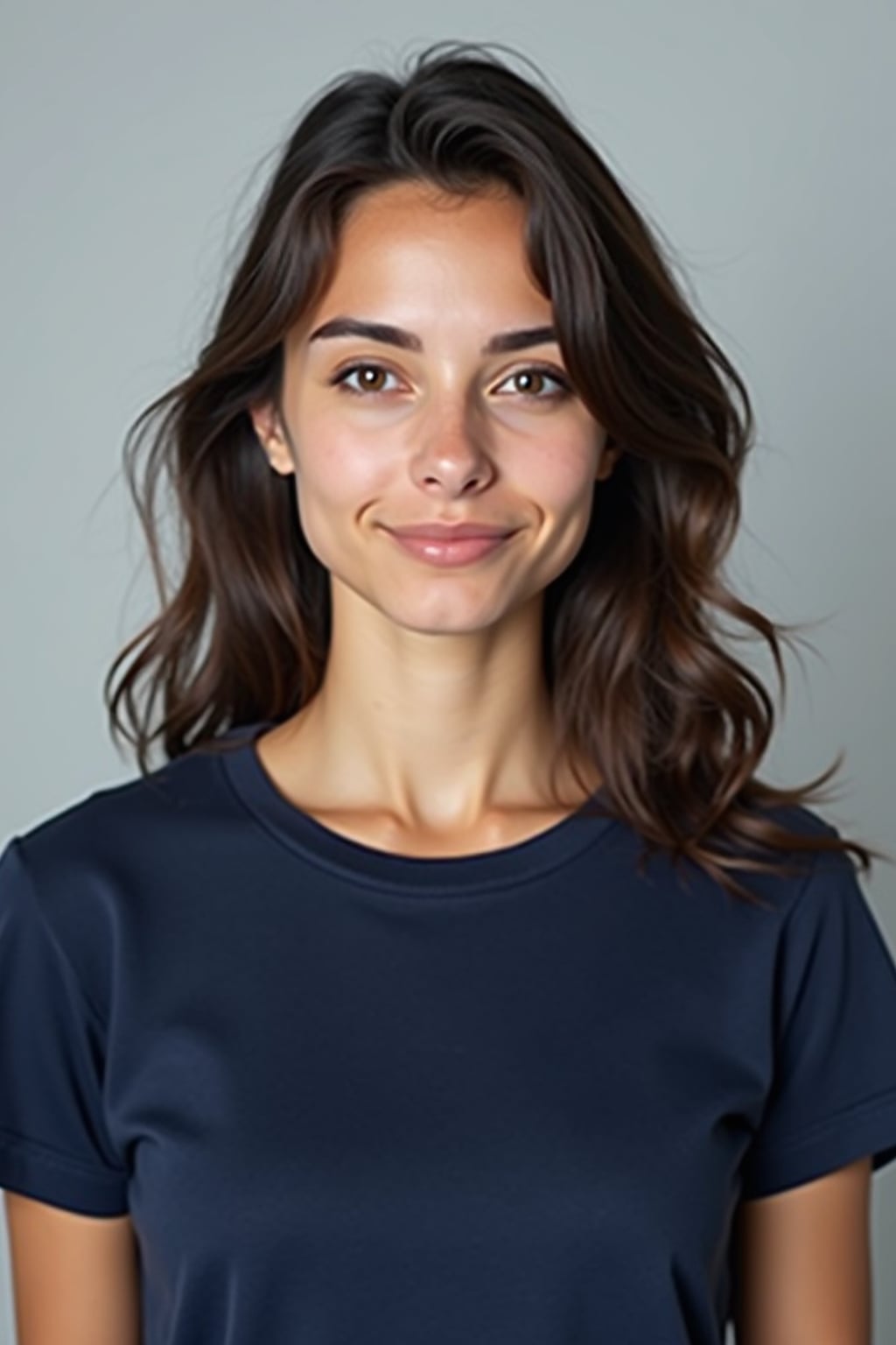 woman as official passport photo for government documents. wearing a dark blue navy t-shirt. photorealistic. light gray background. entire face visible. entire head visible