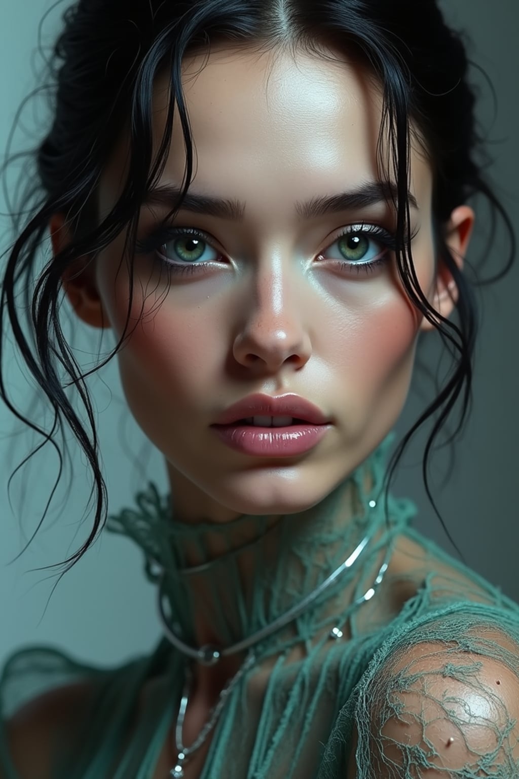 woman face, gorgeous dominatrix shot, one face, futuristic fashion