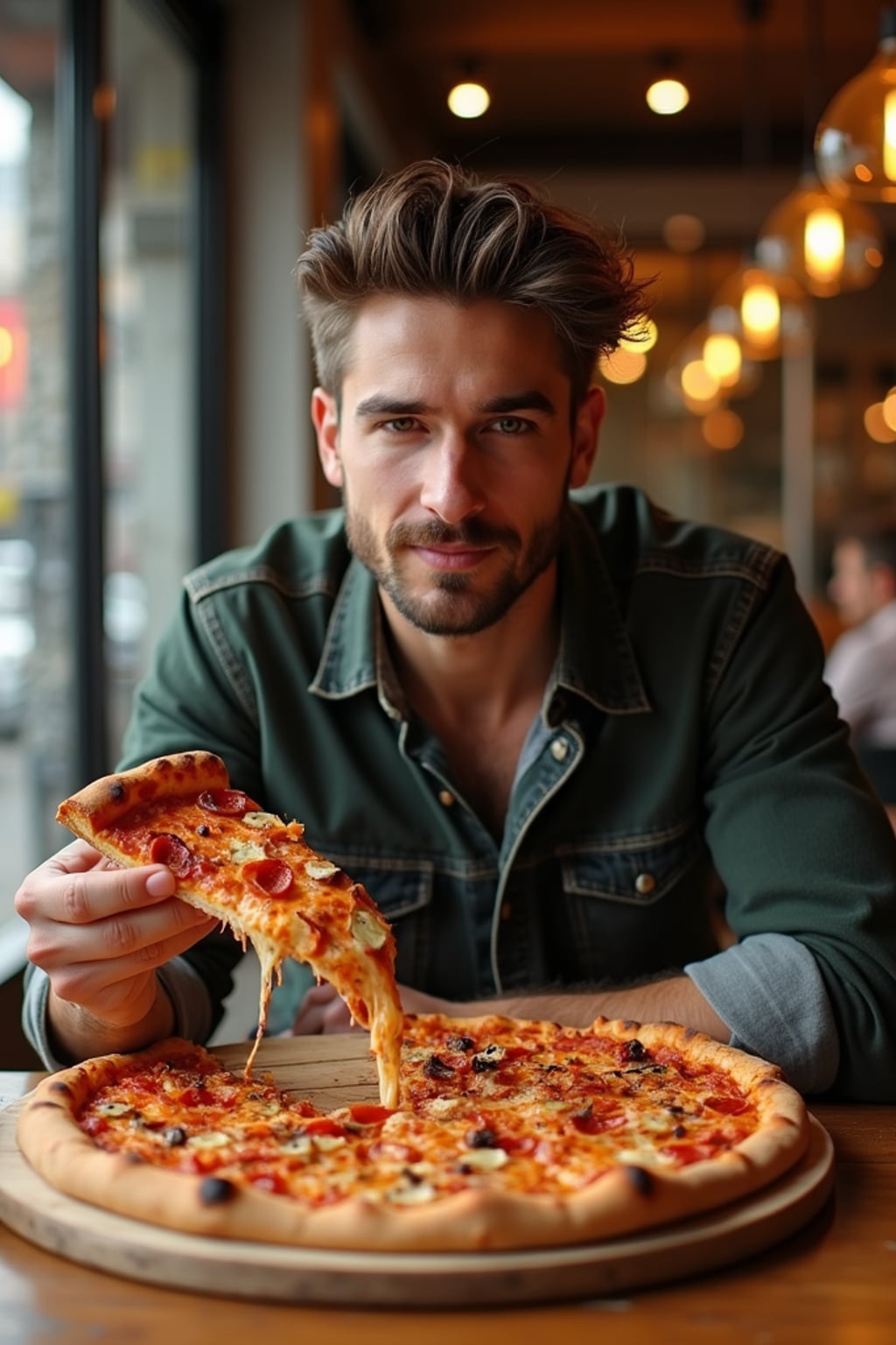 man sitting in a restaurant eating a large pizza