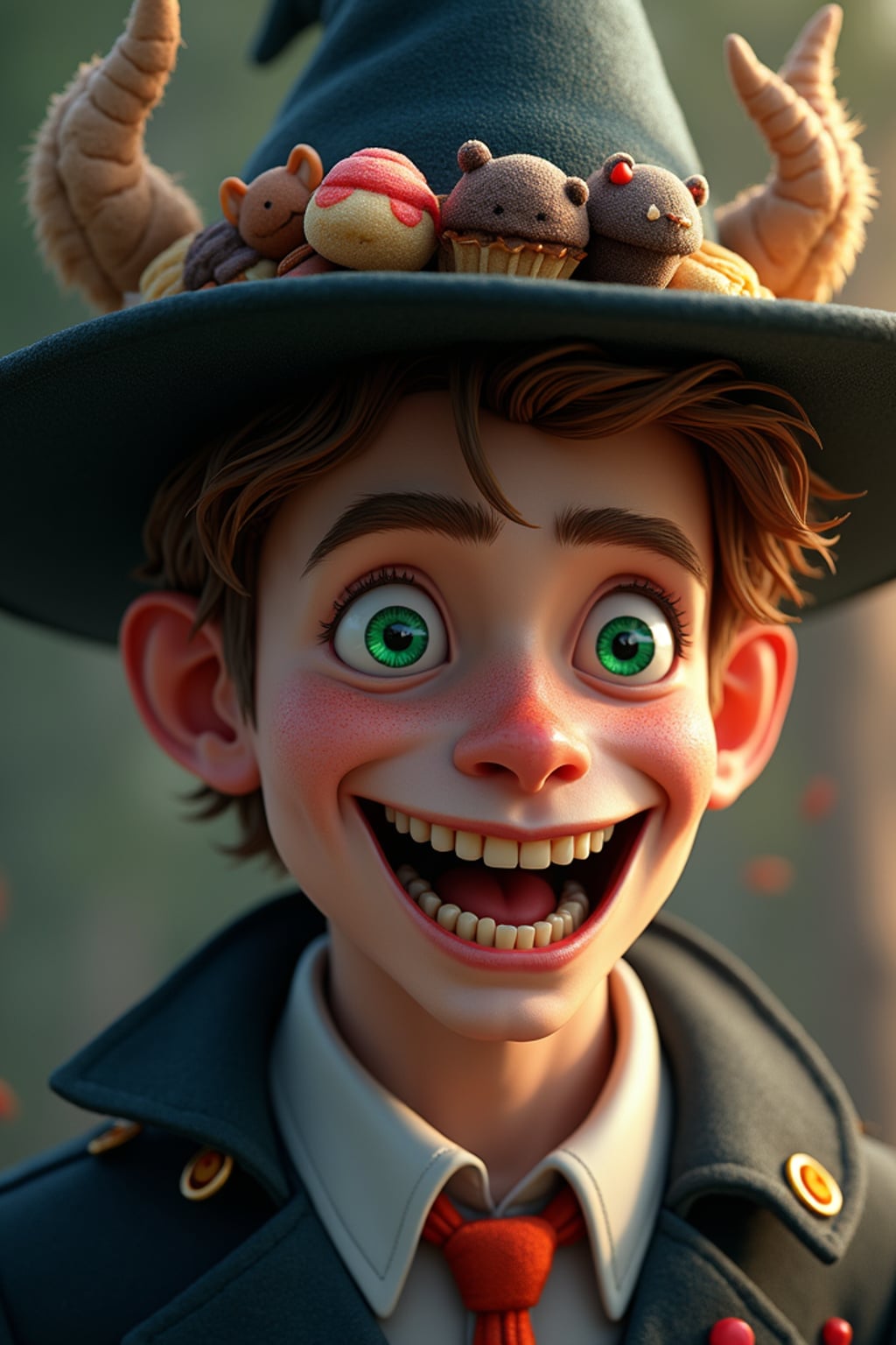 man as the personification of the Halloween holiday in the form of man with a villain's smile, (cute)cute hats, cute cheeks, unreal engine, highly detailed, artgerm digital illustration, woo tooth, studio ghibli, deviantart, sharp focus, artstation, by Alexei Vinogradov bakery, sweets, emerald eyes