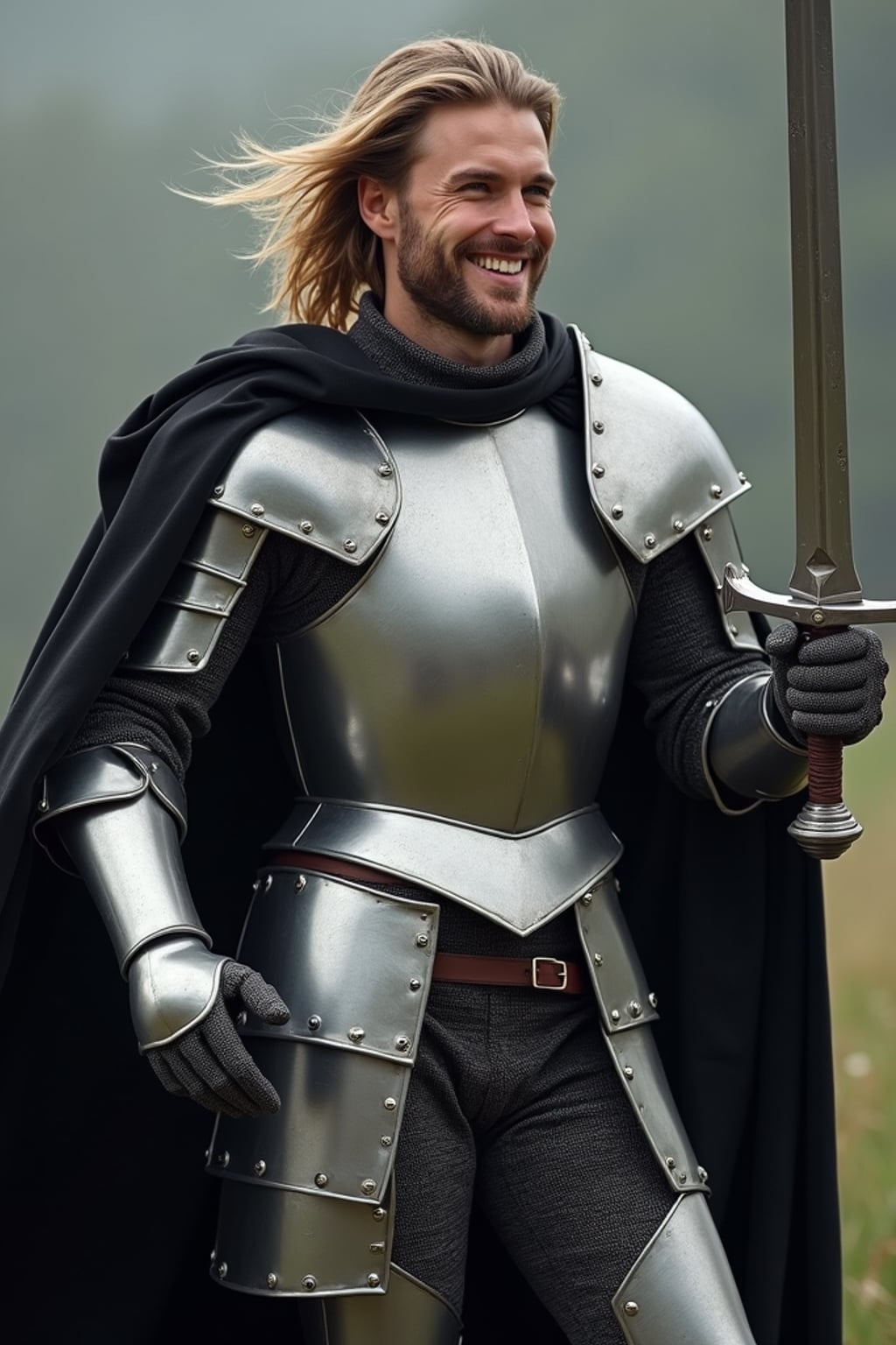 happy man as a Medieval Knight in silver armor, wearing a black elegant cape flowing in the wind, the knight holds a sword in one hand