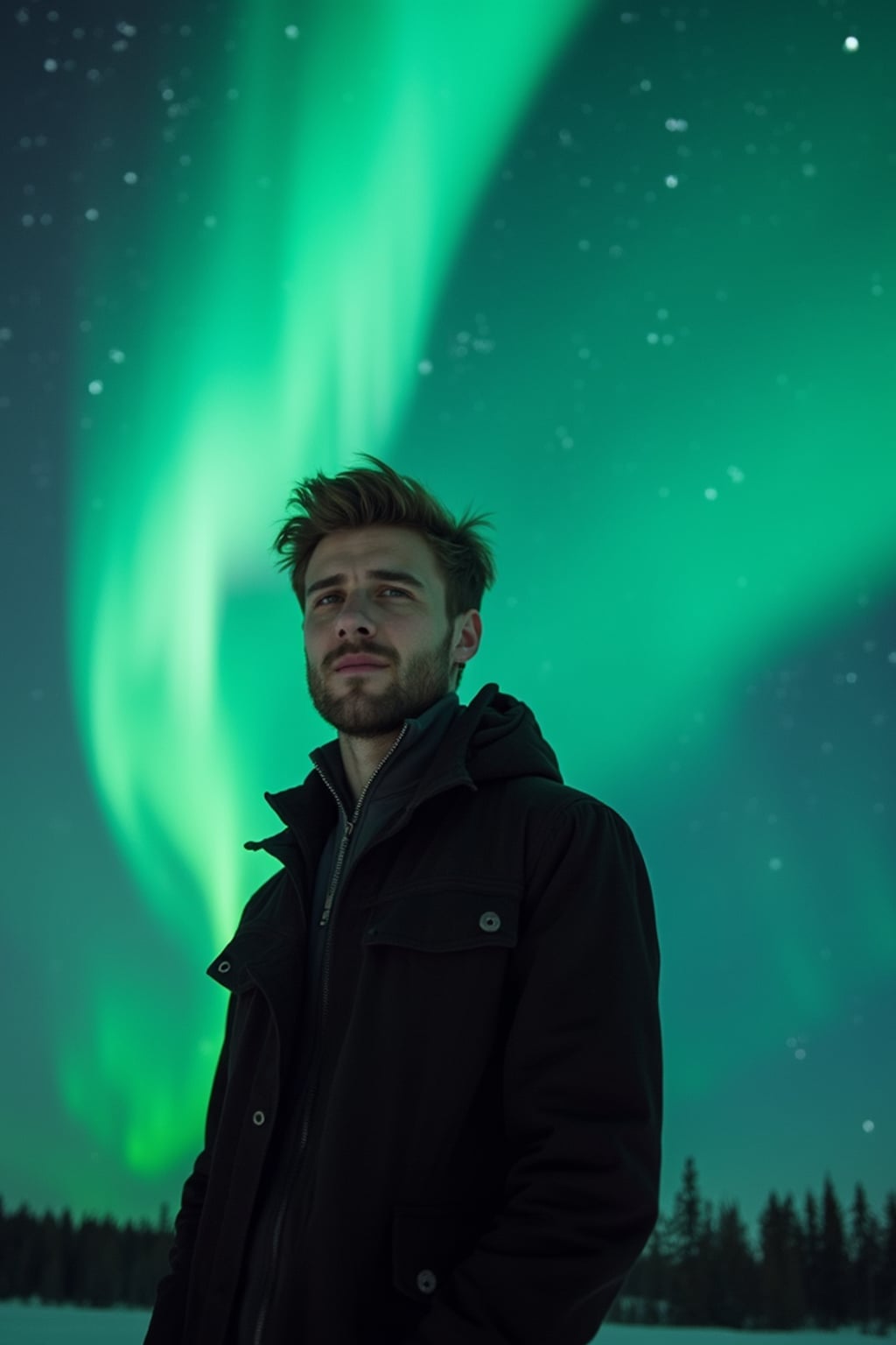 man at night at the Northern Lights Aurora Borealis
