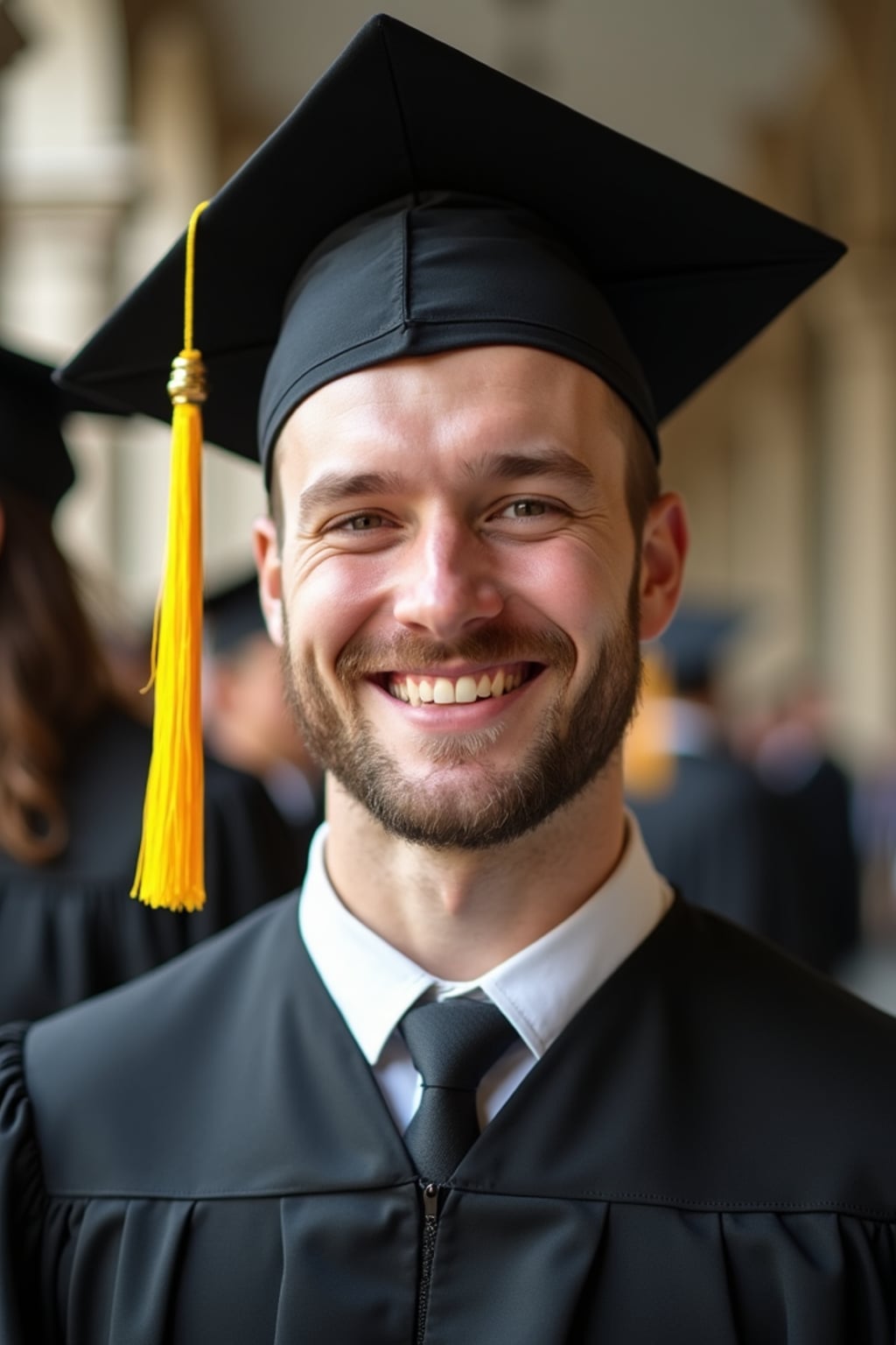 happy  man in Graduation Ceremony wearing a square black Graduation Cap with yellow tassel at college