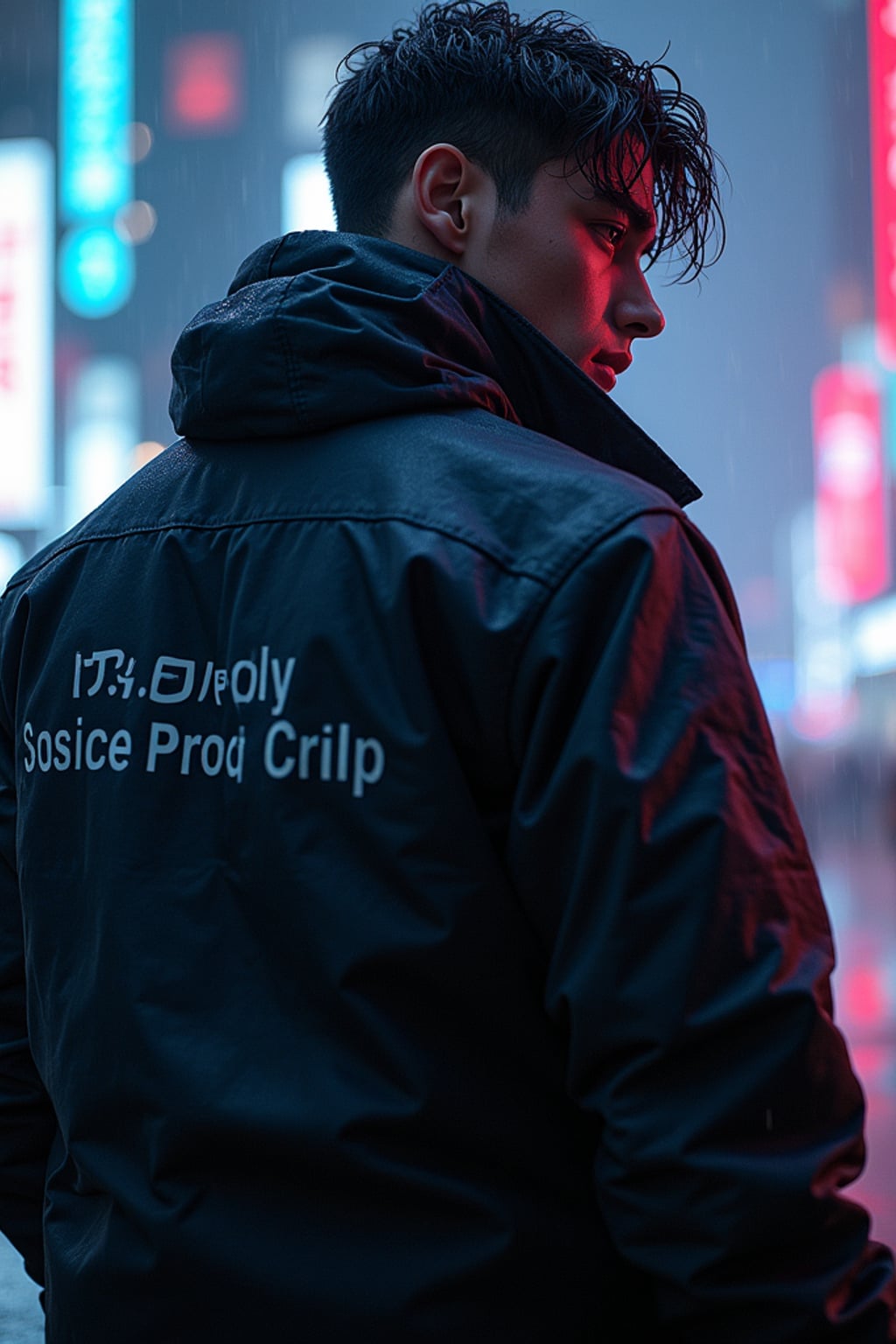 man as futuristic beautiful cyberpunk police officer, in heavy rainning futuristic tokyo rooftop cyberpunk night, ssci-fi, fantasy, intricate, very very beautiful, elegant, neon light, highly detailed, digital painting, artstation, concept art, soft light, hdri, smooth, sharp focus, illustration, art by tian zi and craig mullins and wlop and alphonse mucha