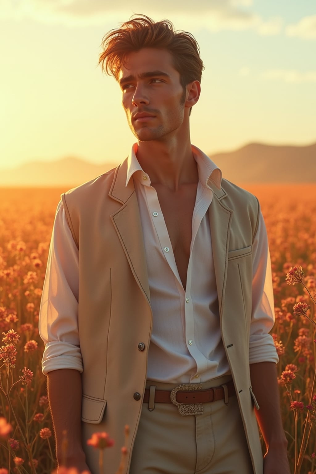 man | standing in field full of flowers | detailed gorgeous face! ! | full body! ! | god rays | intricate | elegant | realistic | hyperrealistic | cinematic | character design | concept art | illustration | digital art | digital painting | depth of field