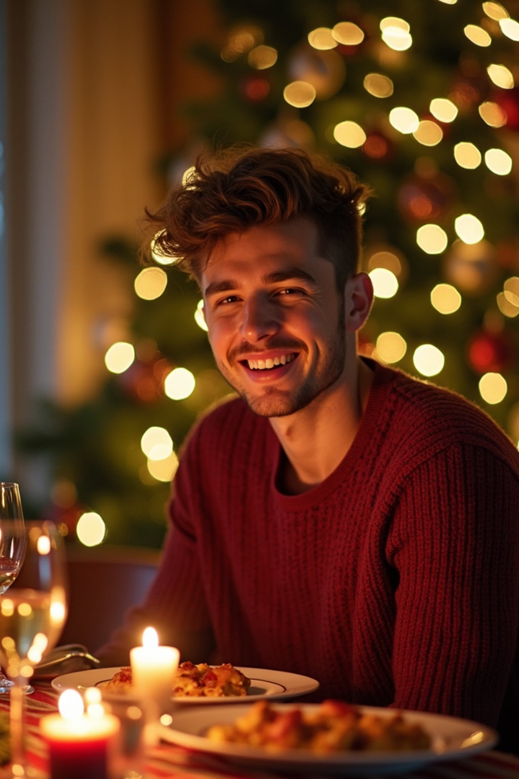 man at Christmas dinner wearing Christmas style clothes. Christmas tree in background. Christmas lights