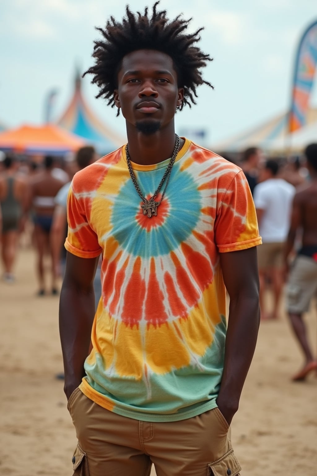 a man in  a tie-dye t-shirt and cargo shorts, embodying the DIY and personalization culture of music festivals