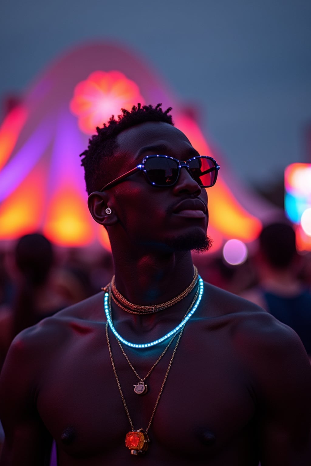 a man with  glowing LED accessories, standing out in the crowd and embracing the festival's vibrant atmosphere