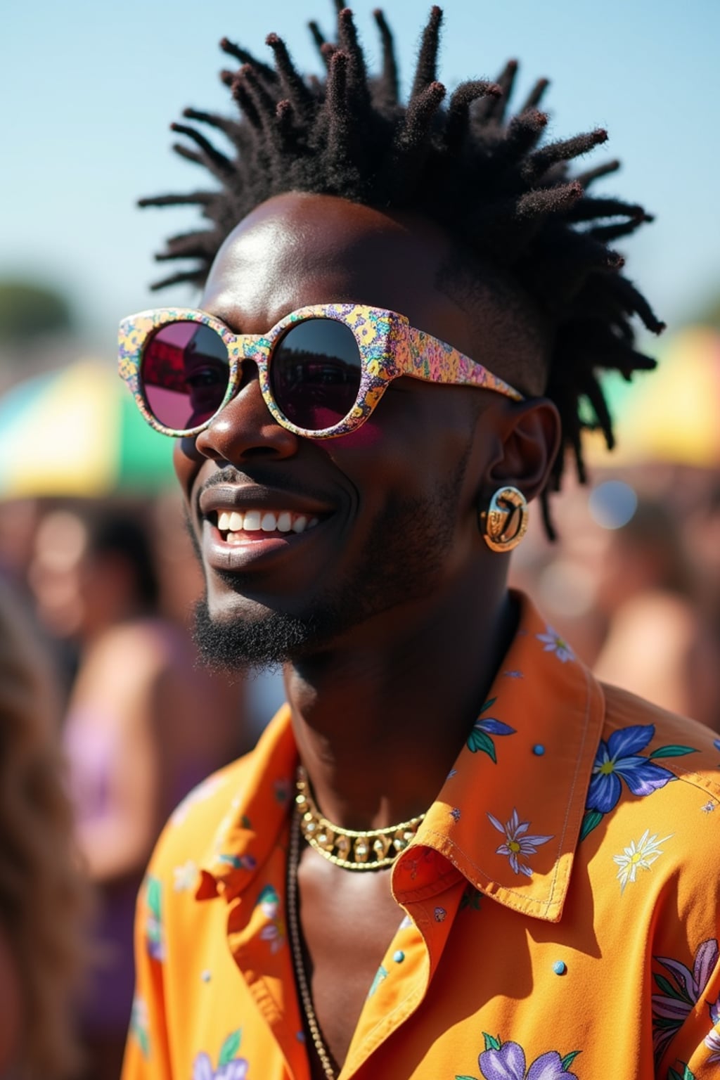 a stunning man in  a vibrant button-up shirt and funky sunglasses, capturing their eclectic and fashionable festival look